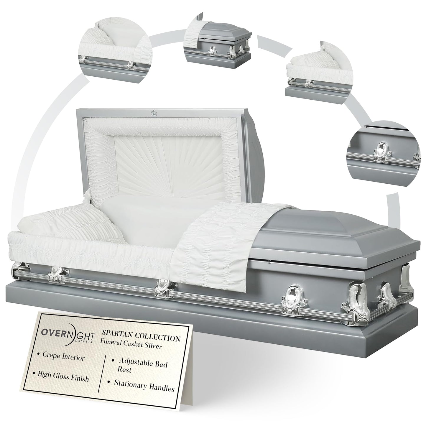 Overnight Caskets Spartan Collection Funeral Casket Silver with White Interior - 20 Gauge Steel - Fully Appointed Adult Casket - Coffin Featuring a Crepe Interior Lining with Pillow and Throw Set