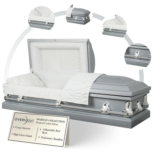 Overnight Caskets Spartan Collection Funeral Casket Silver with White Interior - 20 Gauge Steel - Fully Appointed Adult Casket - Coffin Featuring a Crepe Interior Lining with Pillow and Throw Set