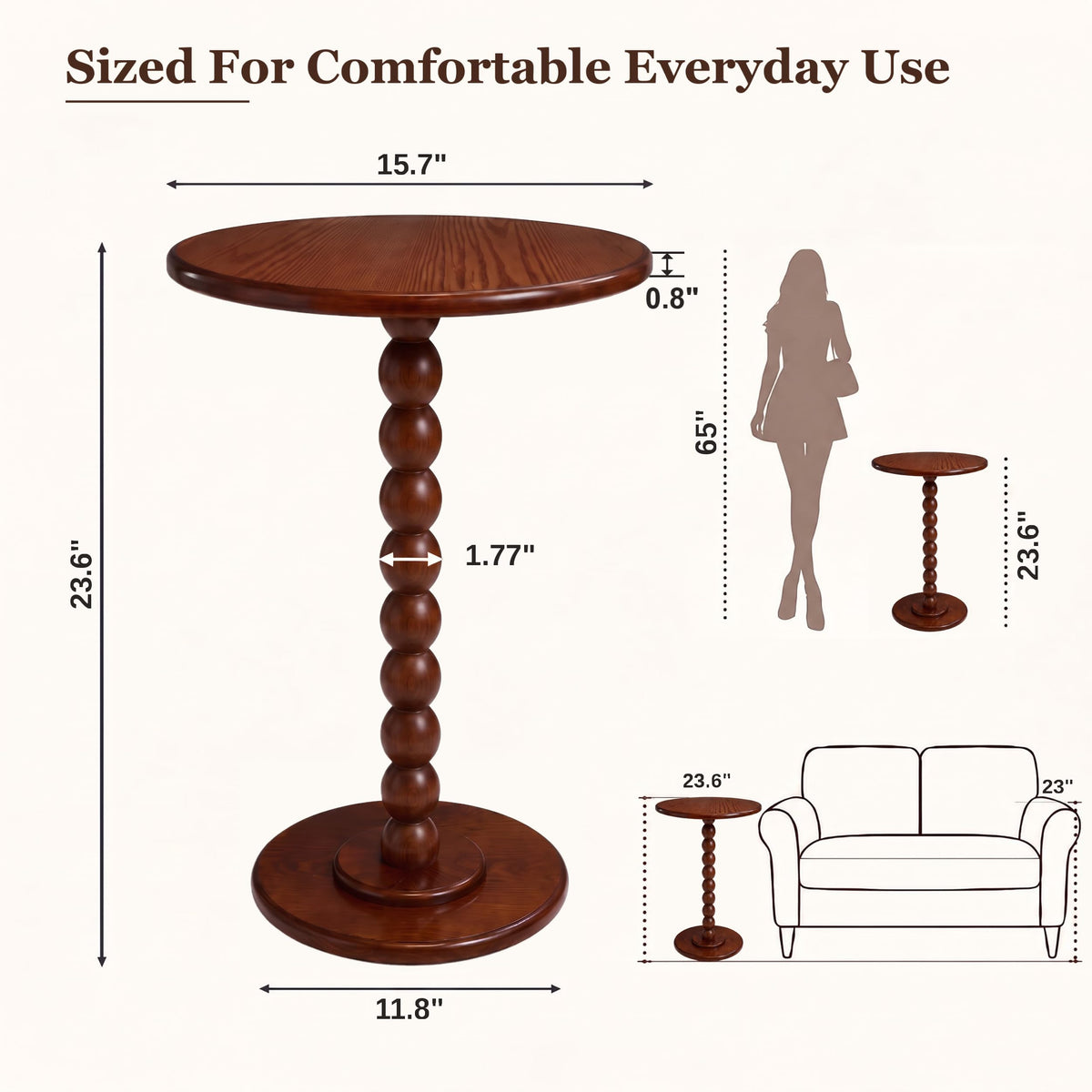 Sonderzone Solid Wood Pedestal Side Table, 16" Round End Table, Walnut