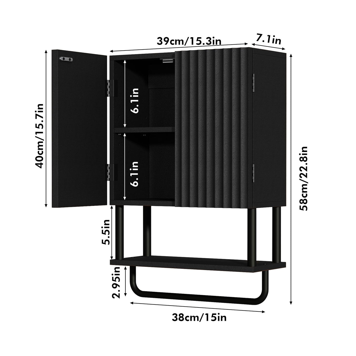 RUSTOWN Fluted Bathroom Wall Cabinet with 2 Doors, 3-Tier Modern Farmhouse Medicine Cabinet, Over The Toilet Storage Cabinet with Adjustable Shelf and Towel Bar(Black, Small)