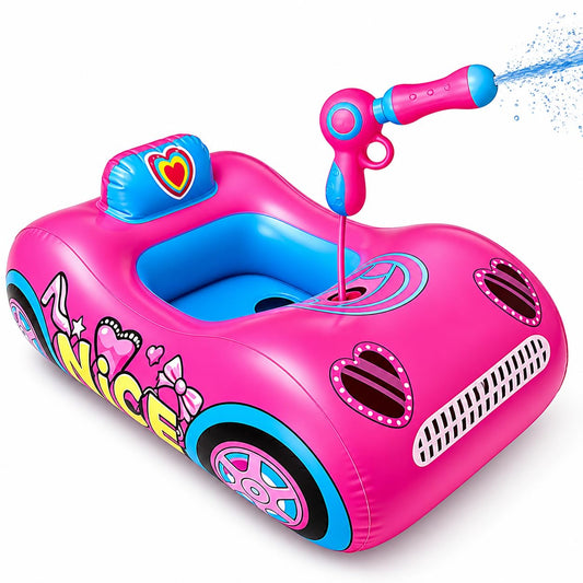 Kids Pool Float with Water Gun, 3-Layer Safety Seat Inflatable Toddler Float for Girls Ages 3-8, Pink Summer Swimming Pool Toys for Kids, Pool Party Beach Vacation Water Toy. Repair Patches Included