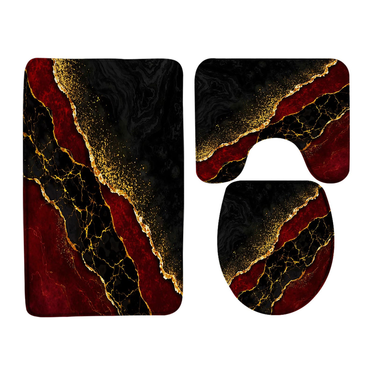 ZKJSMGS Red Marble 3 Piece Bath Rug Sets,Abstract Burgundy Maroon Marble Gold Veins Texture Crack Ink Luxury Geometric 17.8"x29.5"Bath Rug,Toilet Seat Cover, U-Shaped Toilet