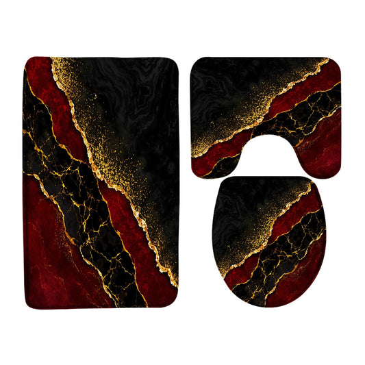 ZKJSMGS Red Marble 3 Piece Bath Rug Sets,Abstract Burgundy Maroon Marble Gold Veins Texture Crack Ink Luxury Geometric 17.8"x29.5"Bath Rug,Toilet Seat Cover, U-Shaped Toilet