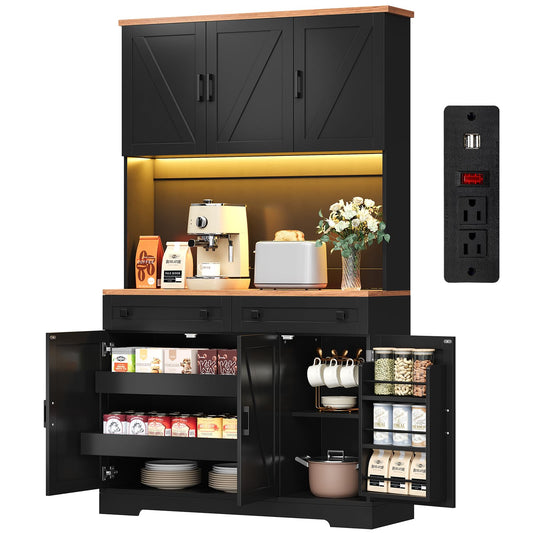 ELYKEN 71" Pantry Cabinet with Charging Station & LED Lights, Tall Kitchen Pantry with Hutch, Microwave Stand, Farmhouse Pantry with Door Shelf & Drawer & Adjustable Shelf for Dining Room, Black