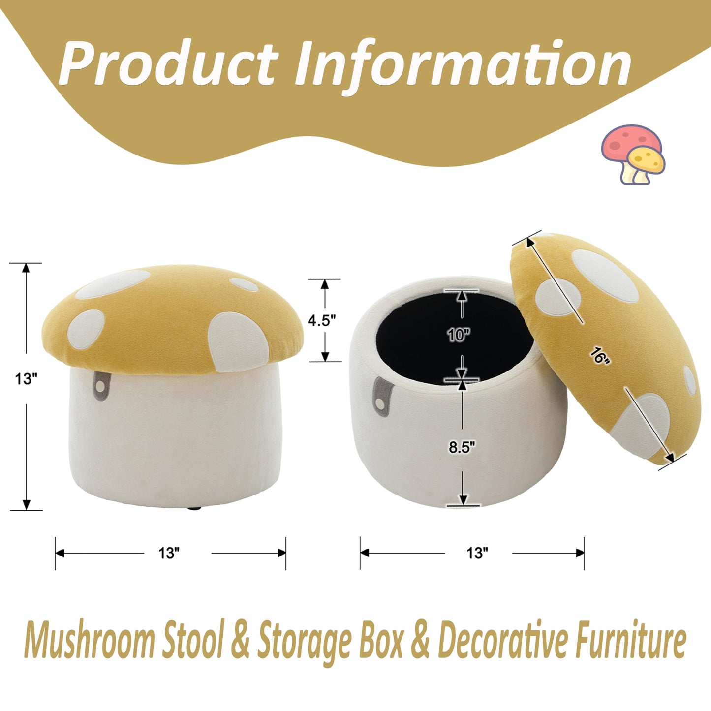 DAYAOUTDOOR Kids Mushroom Storage Ottoman, Cute Kids Desk Chairs, Mushroom Armchair, Children Round Storage Ottomans, Small Multi-Purpose Footstool for Playroom & Bedroom, Yellow Mushroom