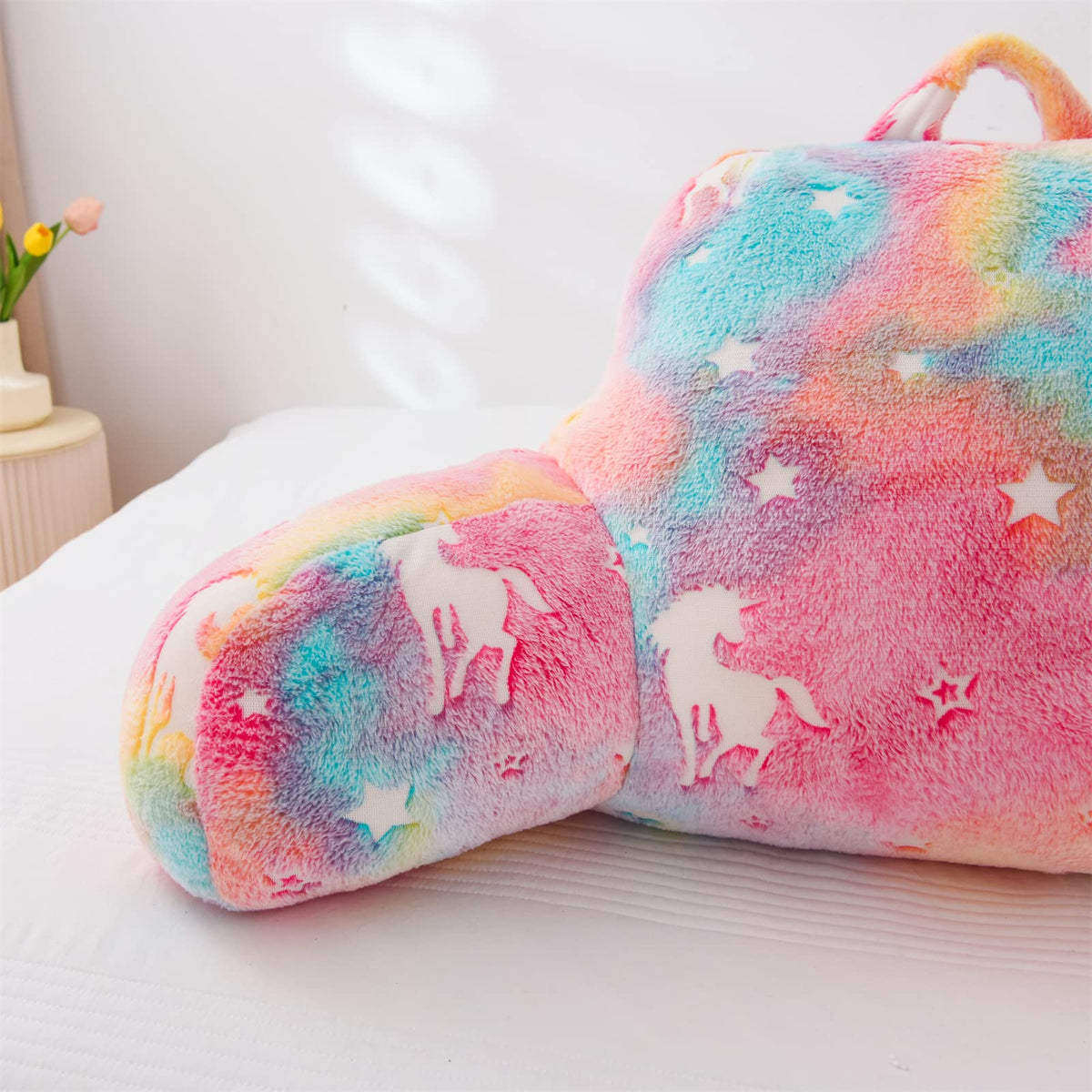 Aimuan Reading Pillow Glow in The Dark Bed Rest Wedge Kids Glow Backrest Pillow Unicorn Print with Arms Back Support for Sitting Up in Bed Cushion, Rainbow