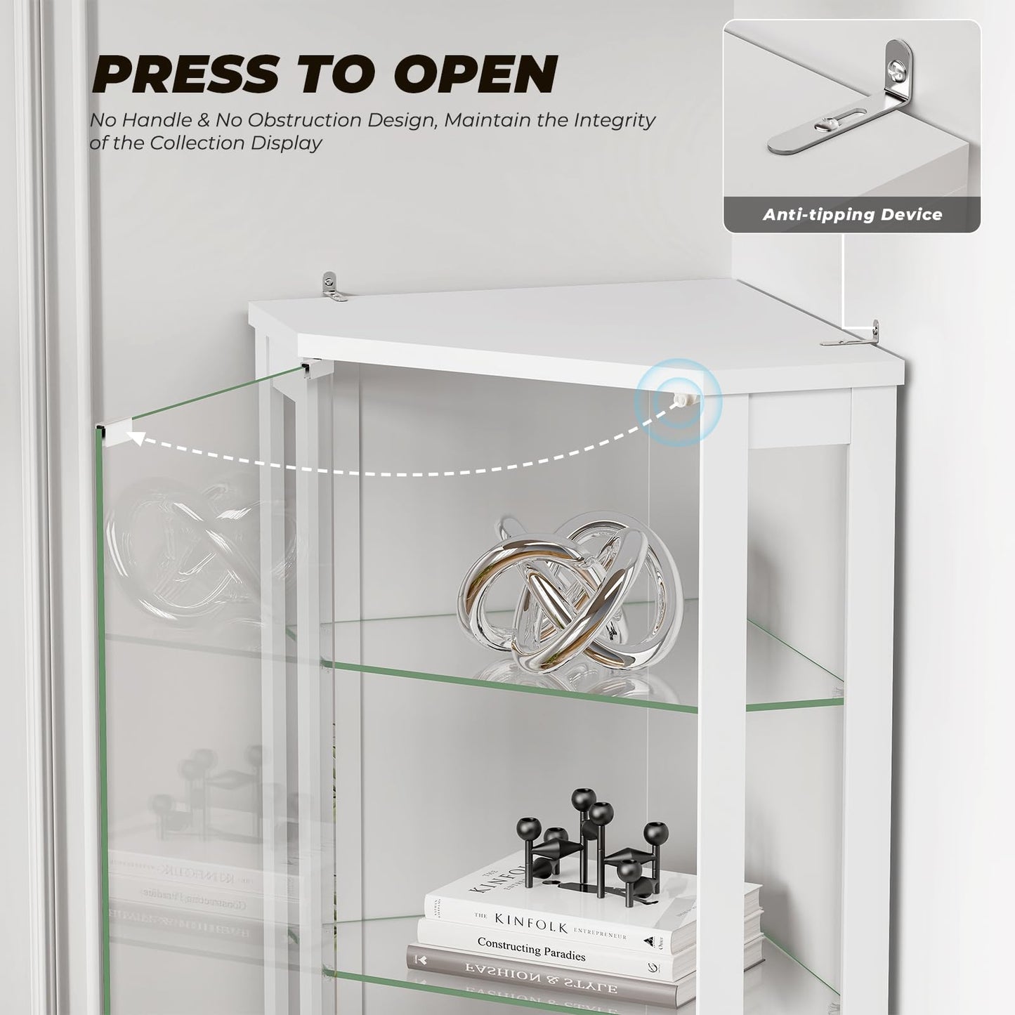 BROTTAR 71" Corner Display Cabinet with Glass Doors, 6 Tier Curio Cabinet with 3 LED Lights & Glass Shelves, Human Body Sensor, Showcase Display Case for Collectibles, White