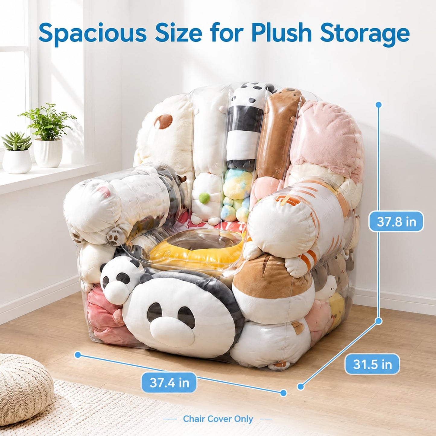 Extra Large Beanbag Chair Cover with Zipper, Clear Stuffed Animal Storage Bean Bag Chair Cover for Kids, PVC Bean Bag Chair Plush Toys Storage & Organizing