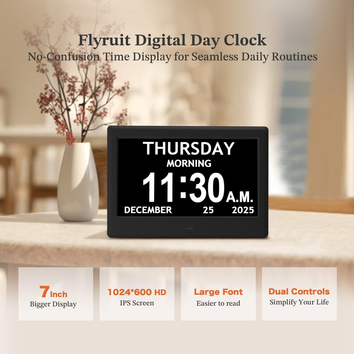 7'' Dementia Clocks for Seniors, Large Display Digital Clock with Date Time