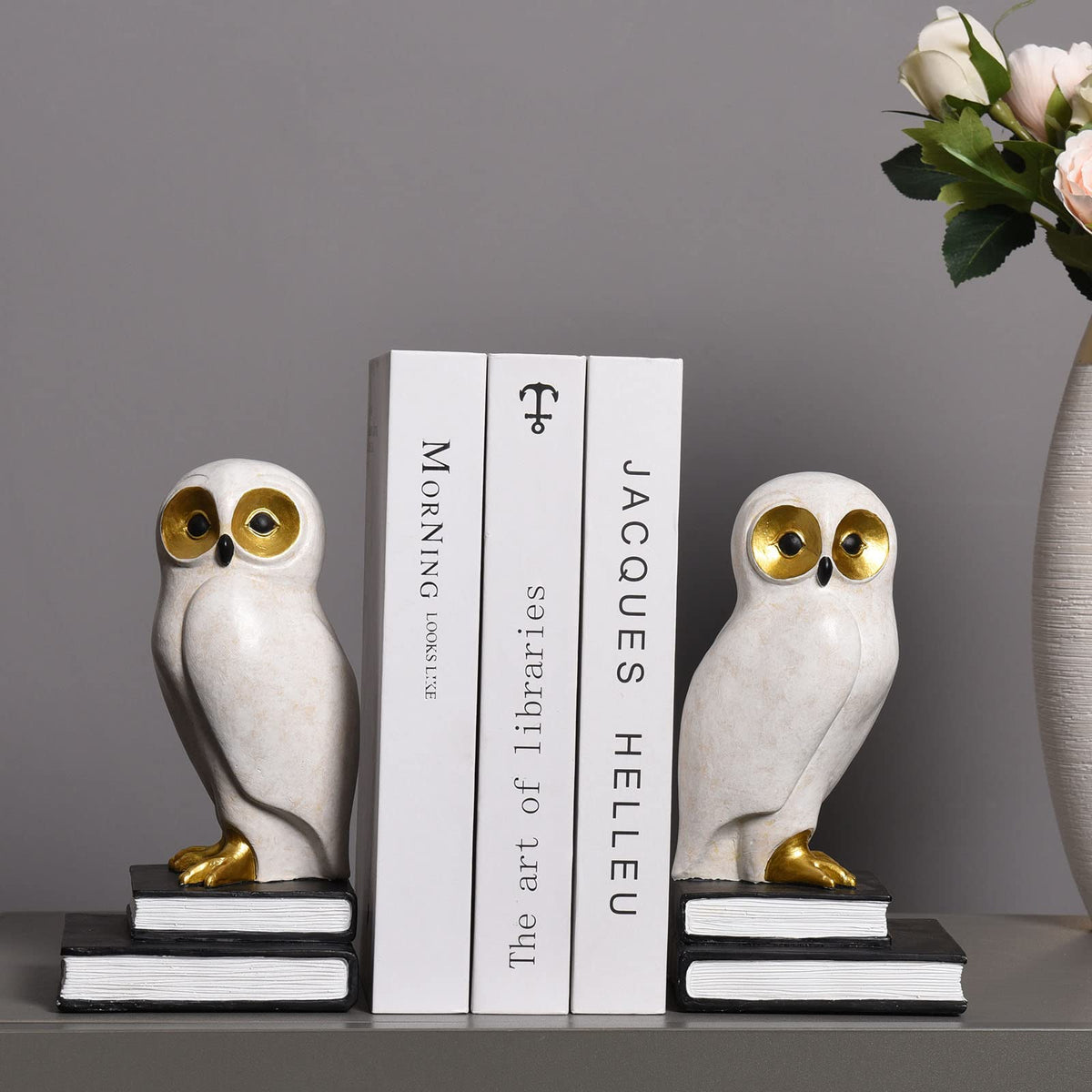 Kakizzy Book Ends for Shelves, Owl Decorative Bookends Bronze Bird Book Stopper Unique Kids Book Holders with Anti-Slip Base Luxurious Bookends for Kids Rooms Office Home Decor(White)