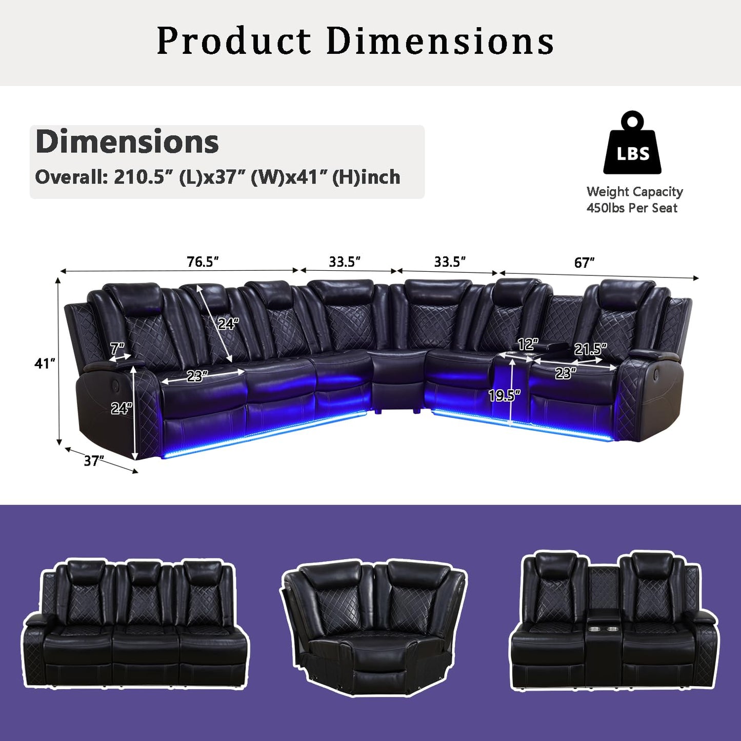 A Ainehome Power Recliner Set, Leather Sectional Sofa Set for Living Room, Home Theater, with LED Lights, Cup Holder, Hide-Away Storage, Wireless Charging(A-Black)