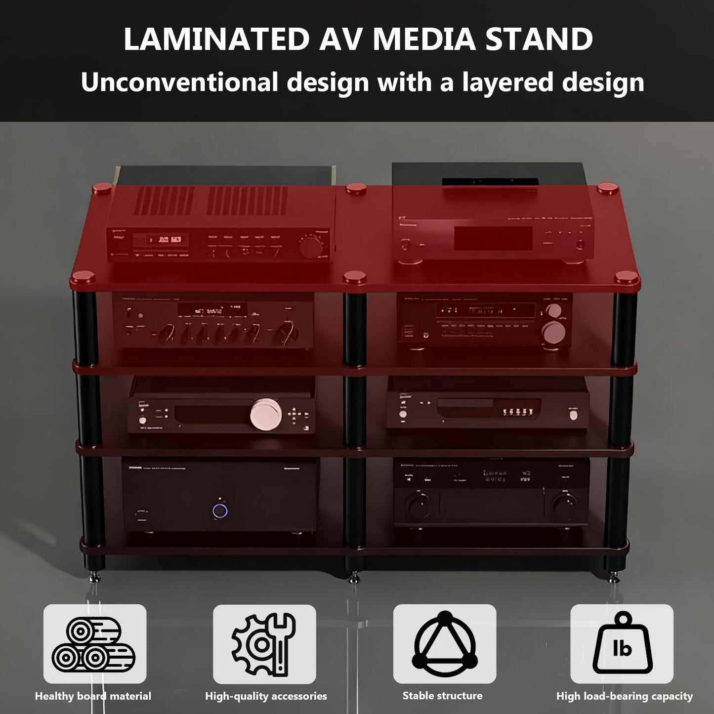 RAJYQODIS Heavy Duty AV Media Stand, Multifunctional Stacking Audio Component Rack with Shock-Absorbing Foot pegs, Audio Stand for Home Theater Studio (Teak, Third Floor)