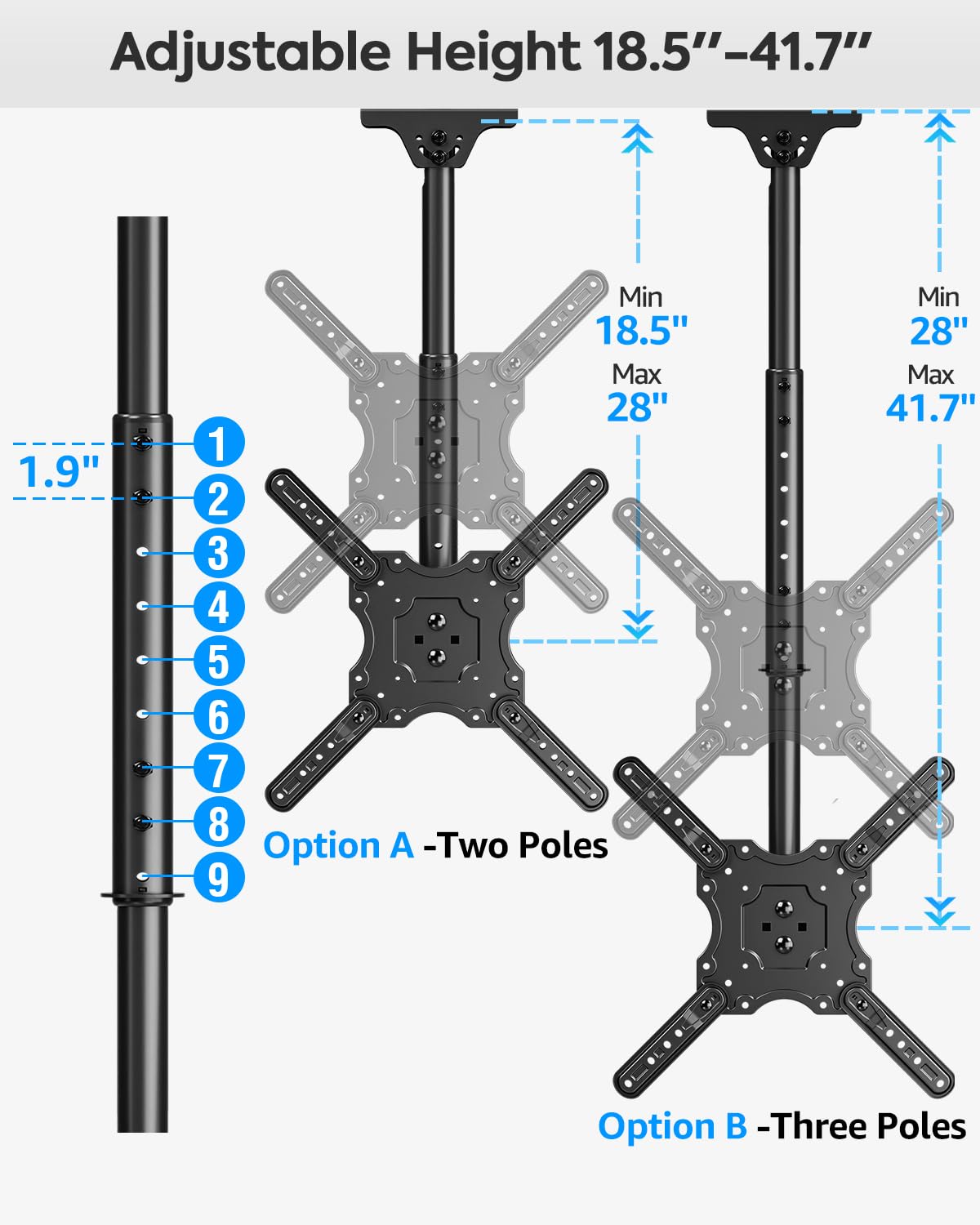 MOUNTUP Ceiling TV Mount for Most 24''- 65'' TVs, Hanging TV Ceiling Mount for 32 42 43 50 55 60 65 inch Screen, Full Motion Height Adjustable Bracket, Holes up to 99lbs, Max VESA 400x400mm, MU0039