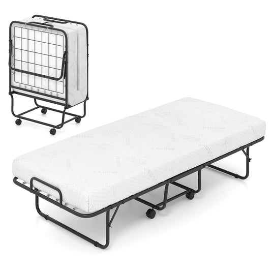 KOMFOTT Folding Bed with Mattress, Cot Size Rollaway Guest Bed with Heavy-Duty Metal Frame & Lockable Wheels, Space Saving Portable Fold up Sleeper Beds for Office, Apartment, Small Spaces