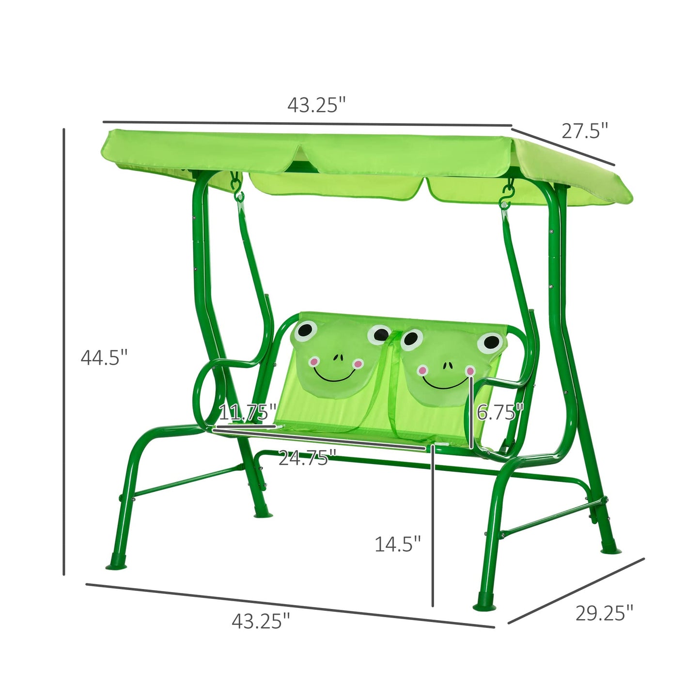 Outsunny Kids Patio Swing, 2-Seater Outdoor Swing Chair with Adjustable Canopy and Safety Belt, Frog Pattern Hanging Swing Bench for Garden or Backyard, Green