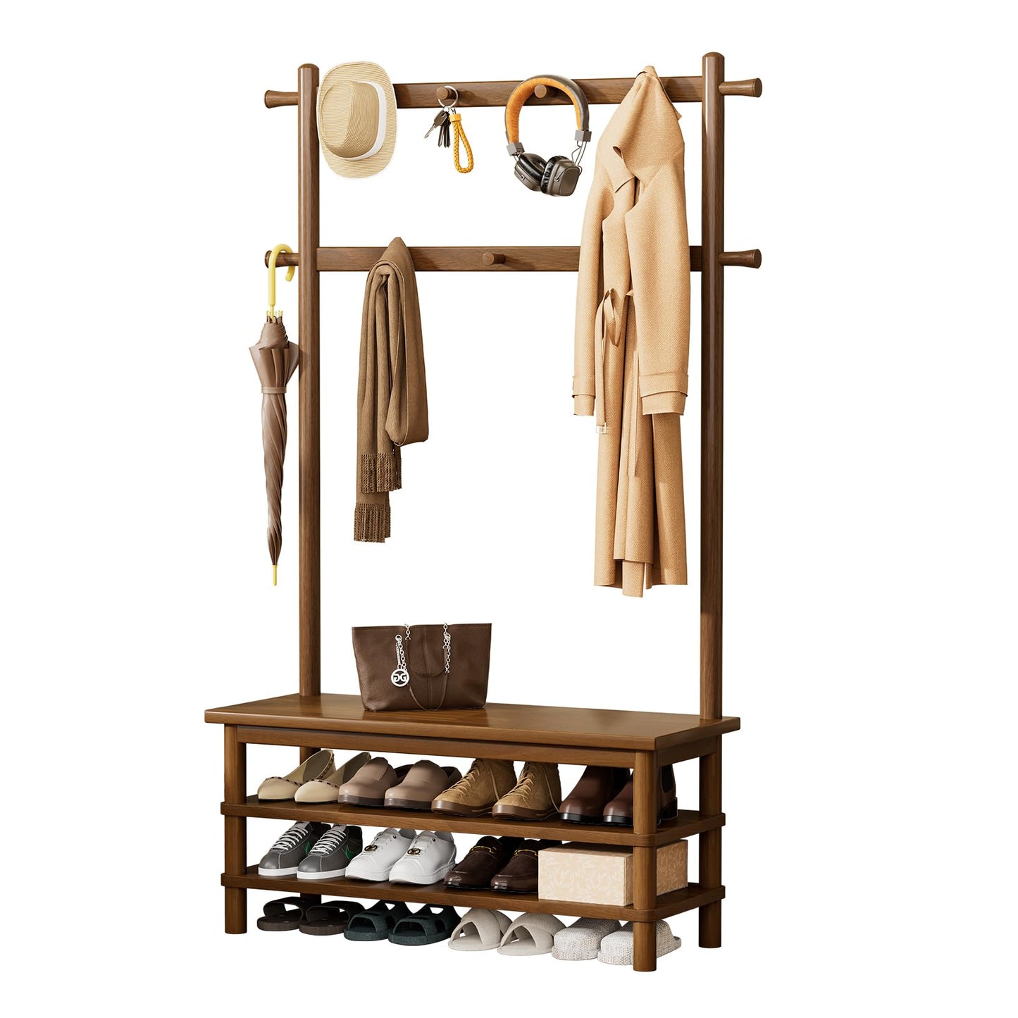 Wamhom Solid Wood Hall Tree with Bench, Shoe Rack & 11 Hooks 35.0''