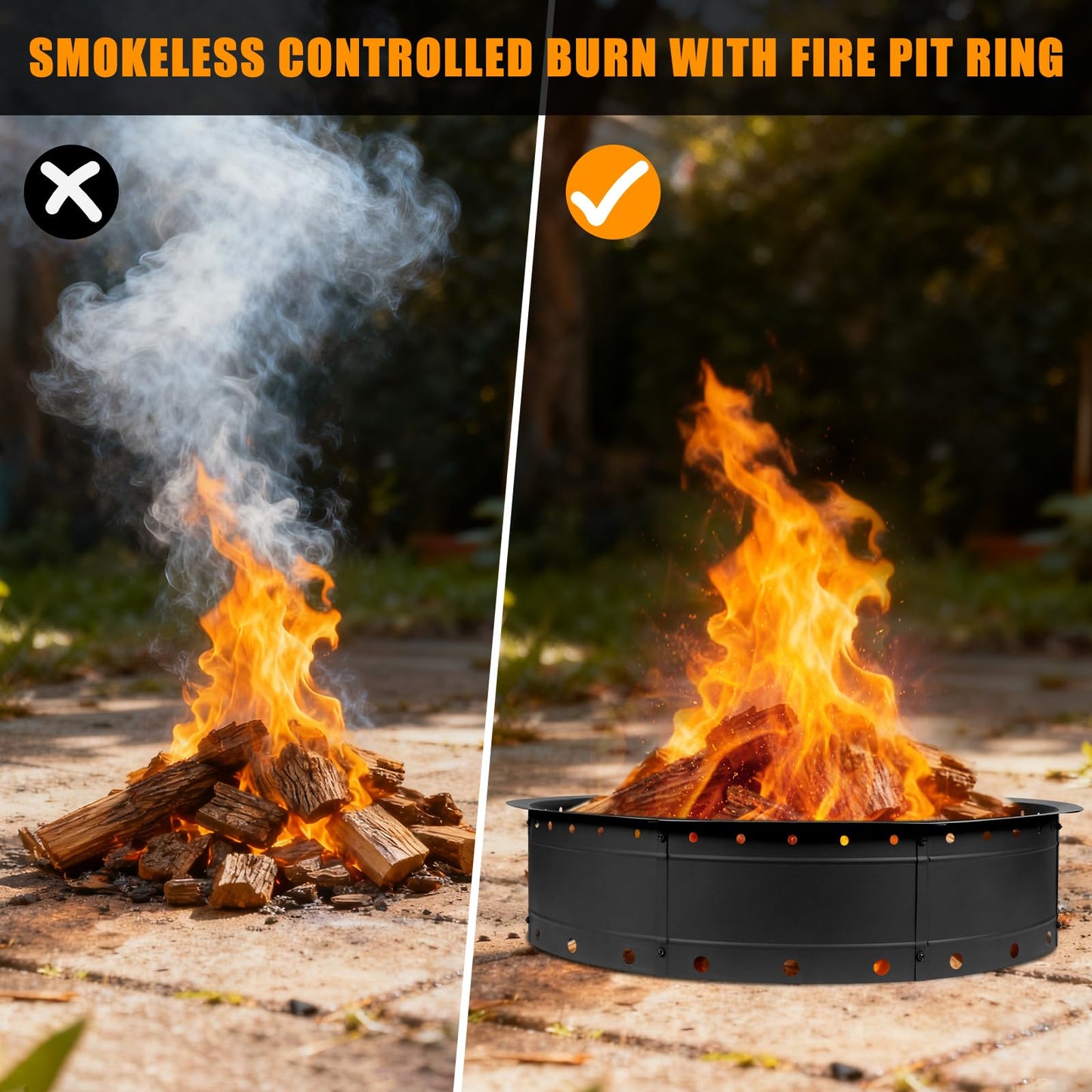 Zzuvjoy 36 Inch Fire Pit Ring, Large Outdoor Campfire Pit for Patio Backyard Garden, Smokeless Steel Firepit with Air Vent for Efficient Burning & Anti-Rust Coating, Black Steel