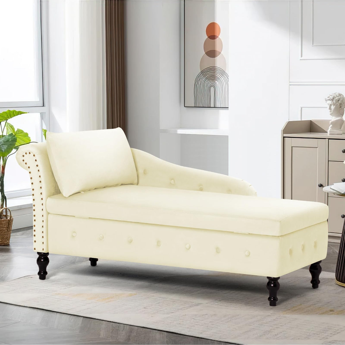 ACMEASE Velvet Chaise Lounge w/Left Armrest & Storage Space, Beige