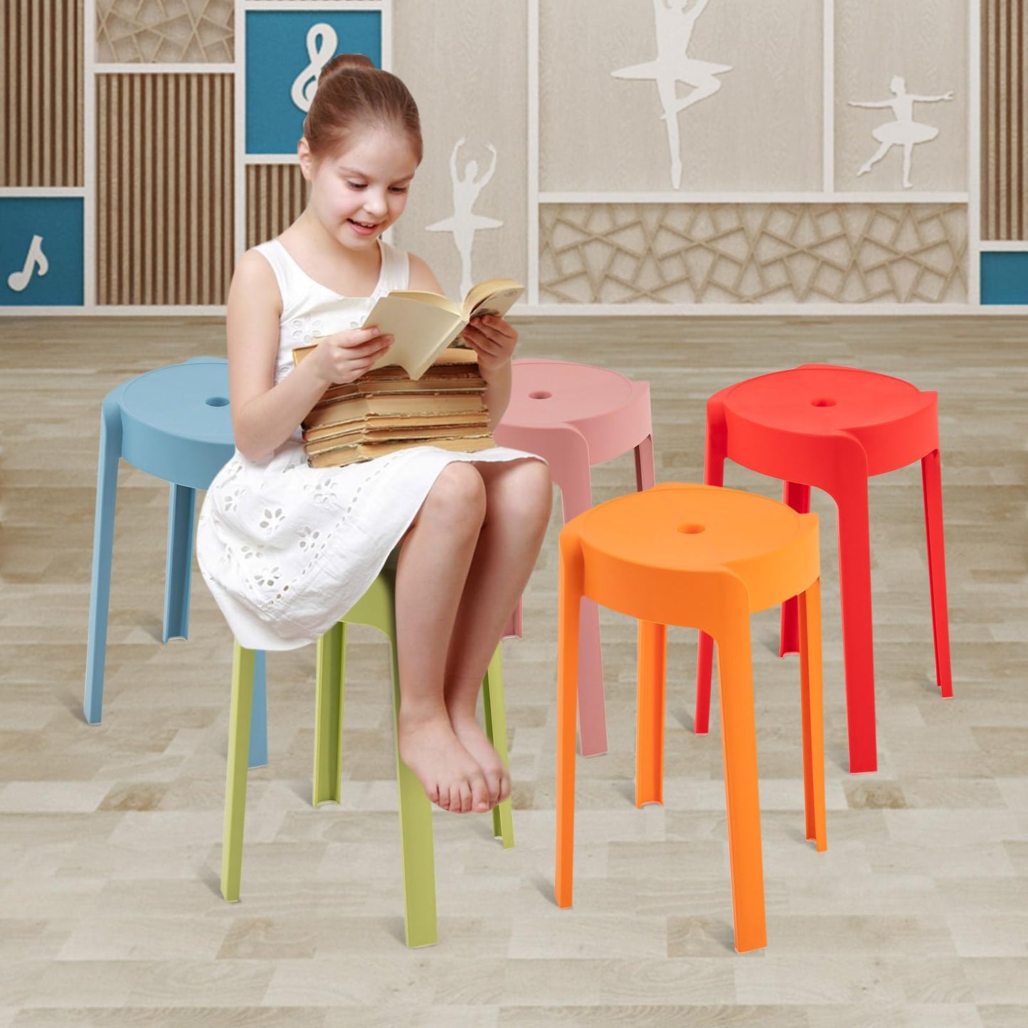 HUASSION 5 Pack Plastic Stackable Stools, 18 Inch Colorful Round Classroom Stools for School, Kindergarten, Home & Office