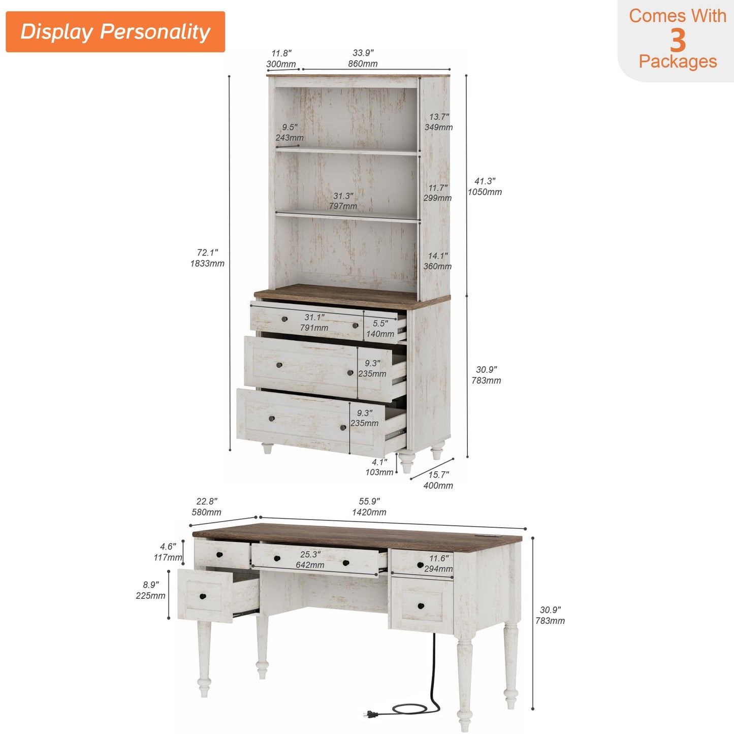 WAMPAT Home Office Furniture Set, 56" Executive Desk with Charging Station, 72" Tall Bookcase with 3 Drawers, Wood Computer Desk with File Cabinet, Open Shelf, Rustic White