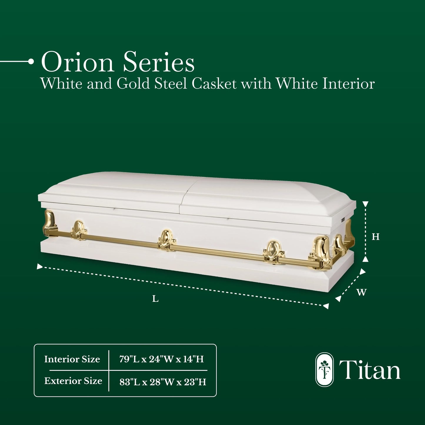 Titan Casket Elegant Orion Series Funeral Casket for Humans - Handcrafted Steel Casket, Luxurious White and Gold Finish & White Crepe Interior, 20-Gauge Steel Adult Size, Adjustable Bed, Gasket Seal