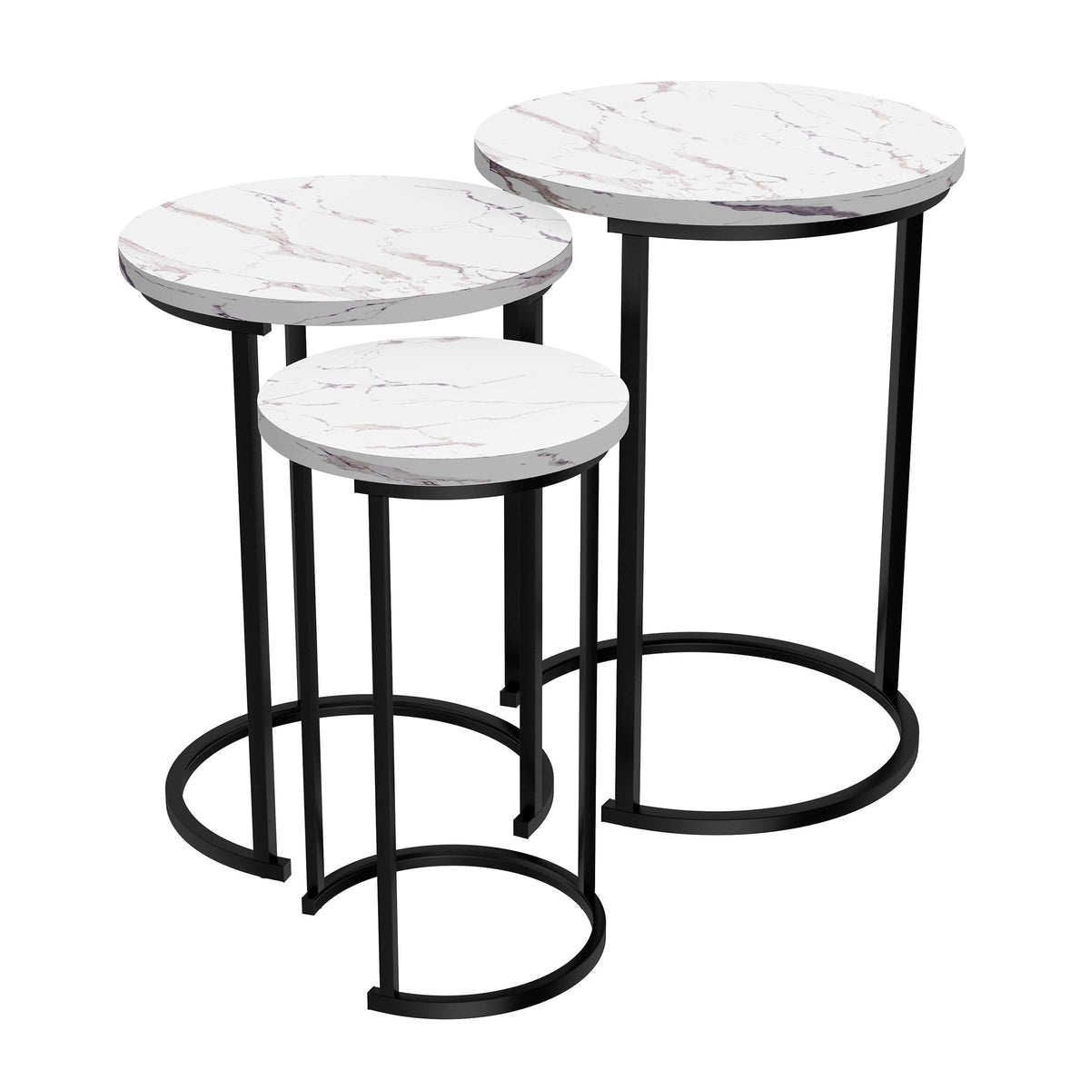 Lavish Home Round Nesting Tables Set of 3, Faux Marble Tabletop, White