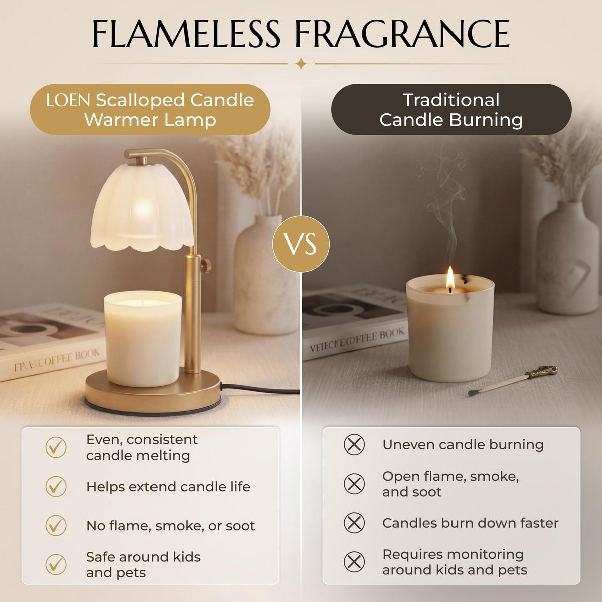 Scalloped Glass Candle Warmer Lamp with Timer (2H/4H/8H) - Dimmable & Adjustable Height - Wax Melter for Large & Small Jar Candles - 2 Bulbs - Gold Metal - Flameless Home Decor Gift for Women (Amber)