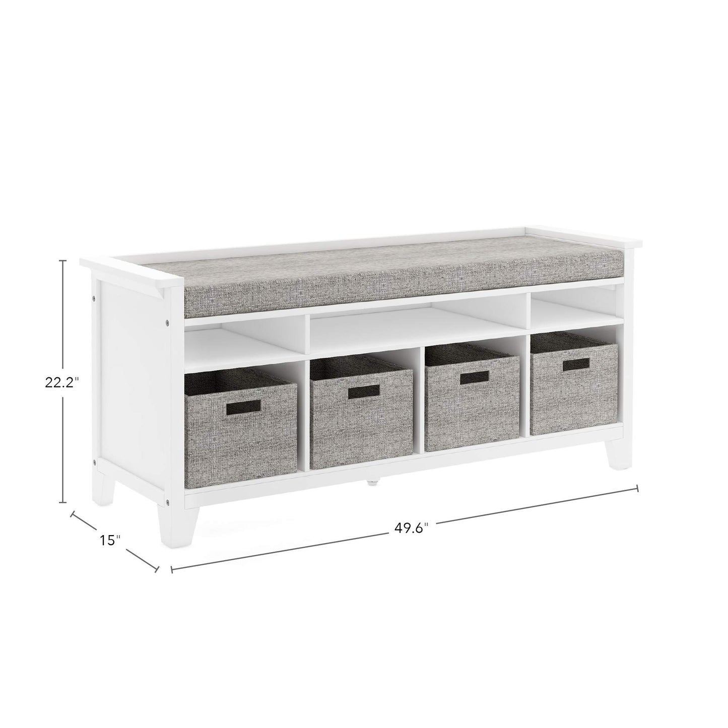 Martha Stewart Kids' Storage Bench - Linen White: Wooden Toy and Book Organizer with Shelves, Built-in Cushion and Fabric Bins for Playroom and Bedroom