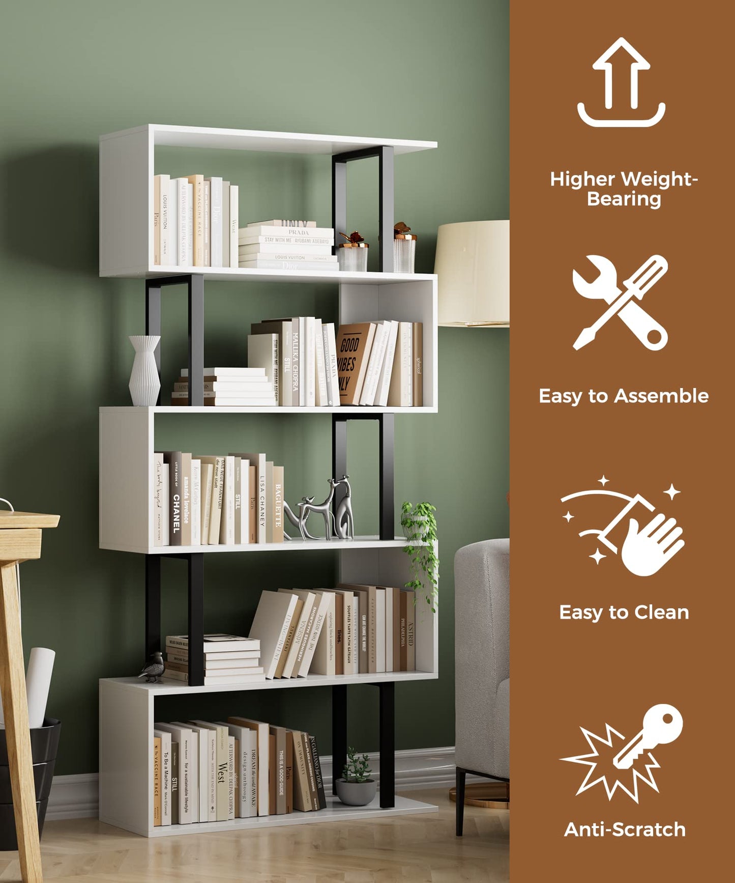 Gadroad 5 Tier Geometric Bookcase,S Shaped Bookshelf, Wood Decorative Storage Shelving, Modern Freestanding Display Shelves, Tall Book Shelf Unit for Living Room Bedroom, White