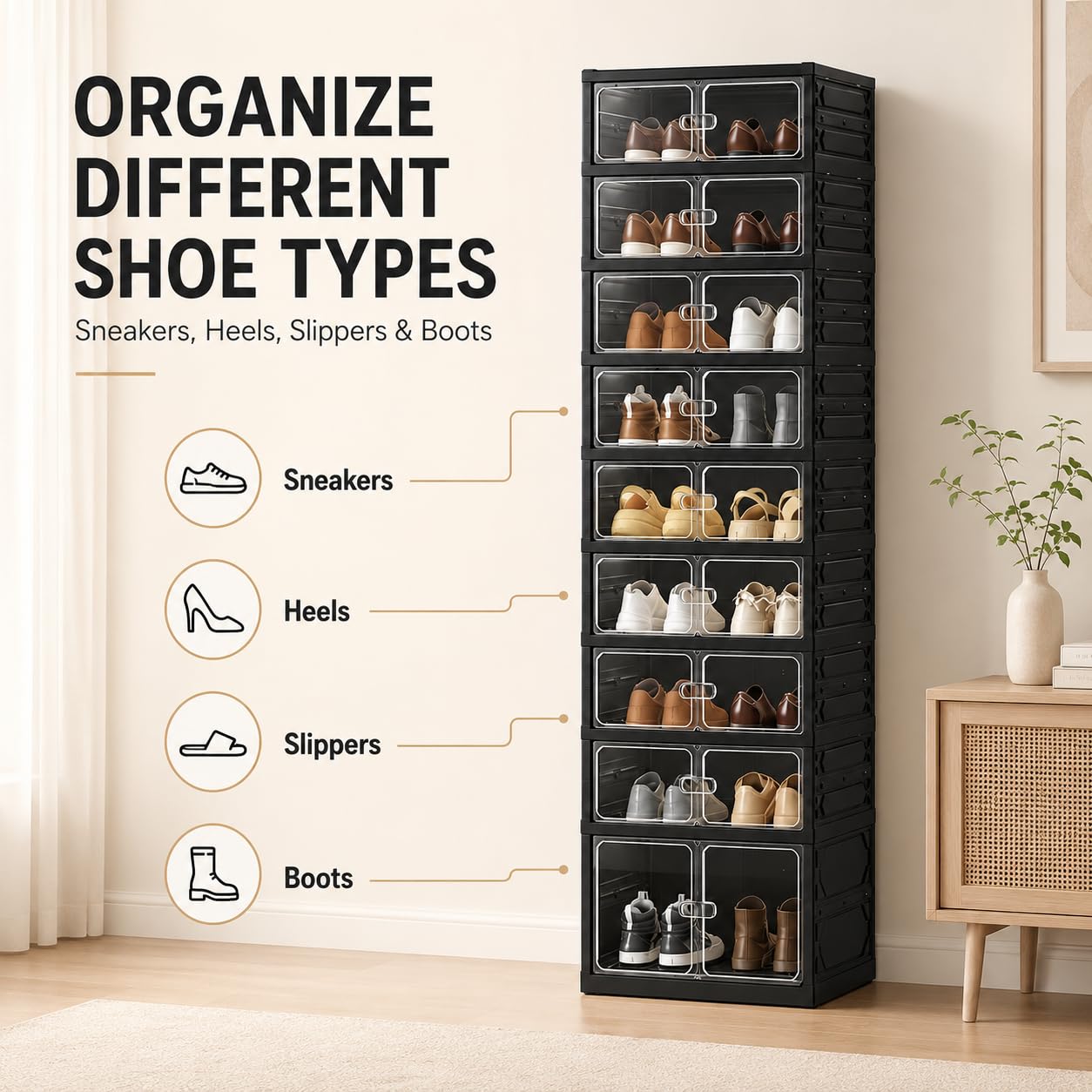 UFORU 9-Tier Black Foldable Shoe Rack,18-Pair Organizer with Magnetic Doors