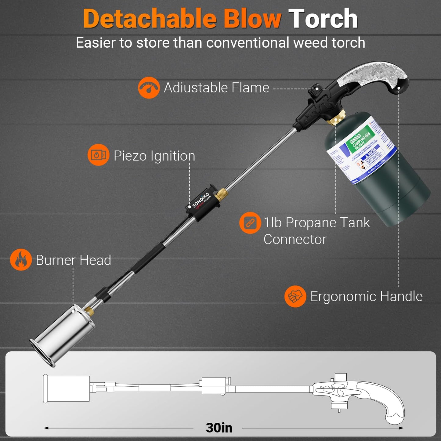 Sondiko Propane Torch Weed Burner, High Output Weed Torch Flamethrower, 30" Detachable Long Arm Heavy Duty Blow Torch For Garden, Wood, Ice, Snow, Melting(PROPANE TANK NOT INCLUDED)