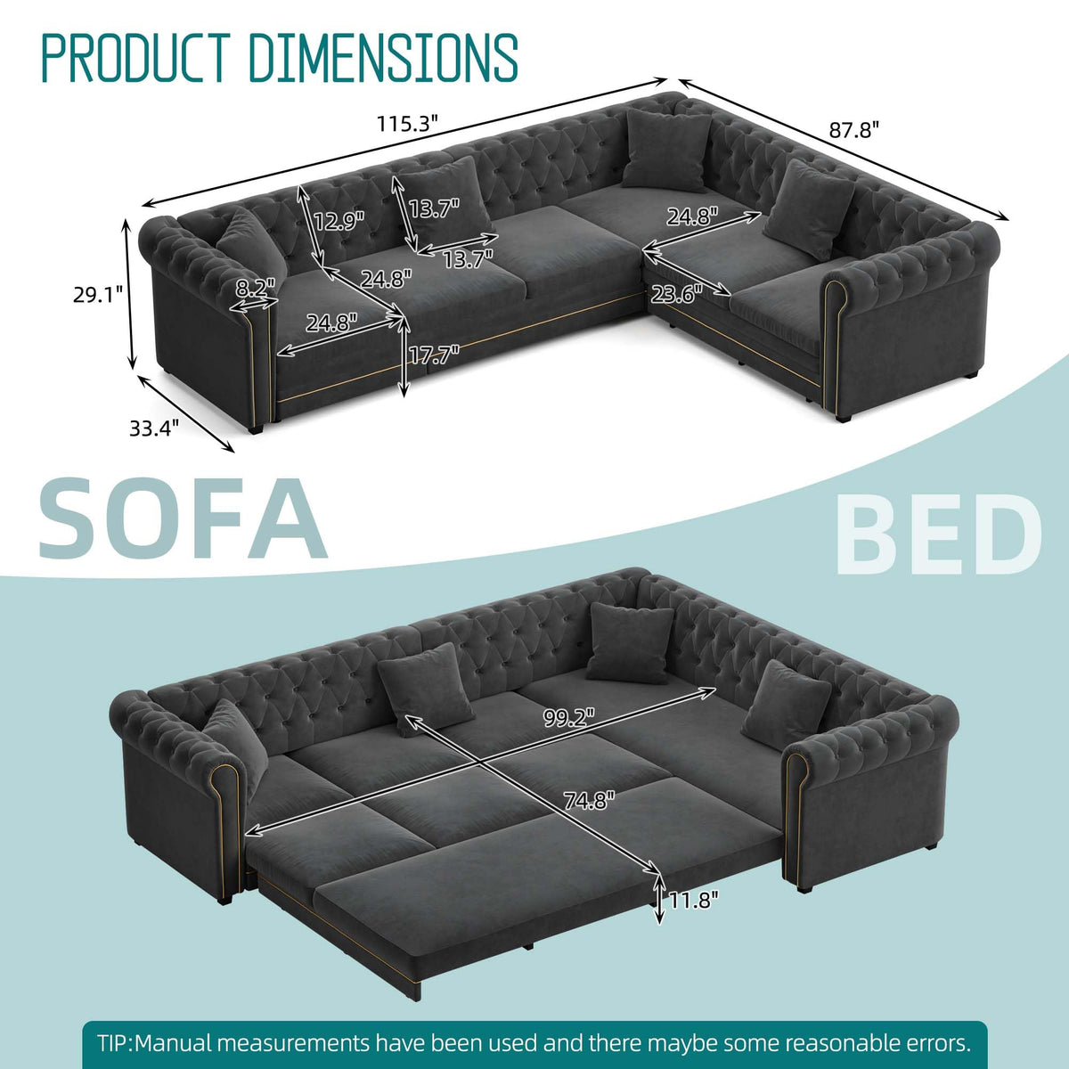 115.3'' Sleeper Sofa Bed King, Velvet Chesterfield Pull Out Couches, Gray