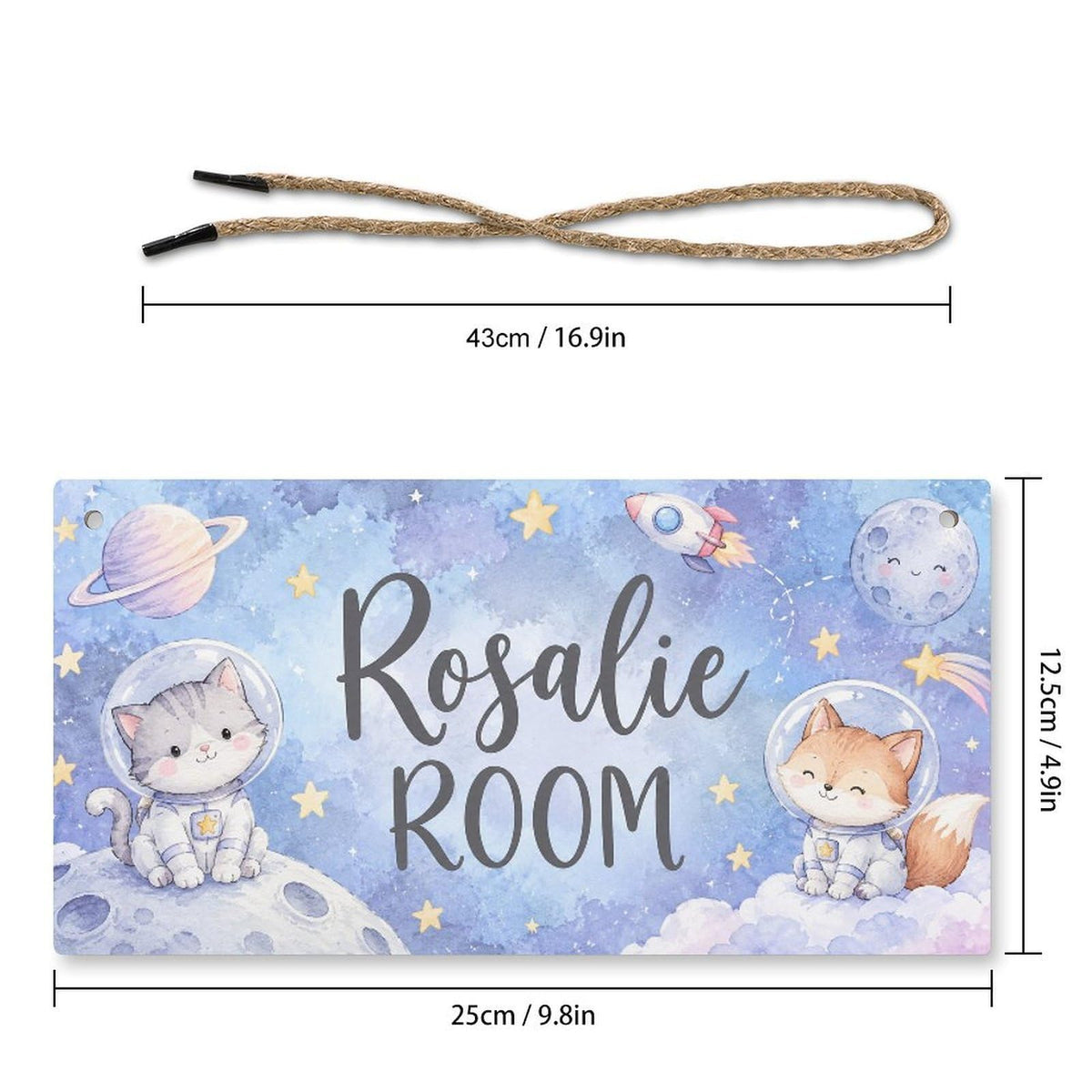 Personalized Girl's Room Sign, Custom Name Wooden Door Plaque, Cute Astronaut Cat & Fox Space Theme, Kids Bedroom Watercolour Hanging Sign