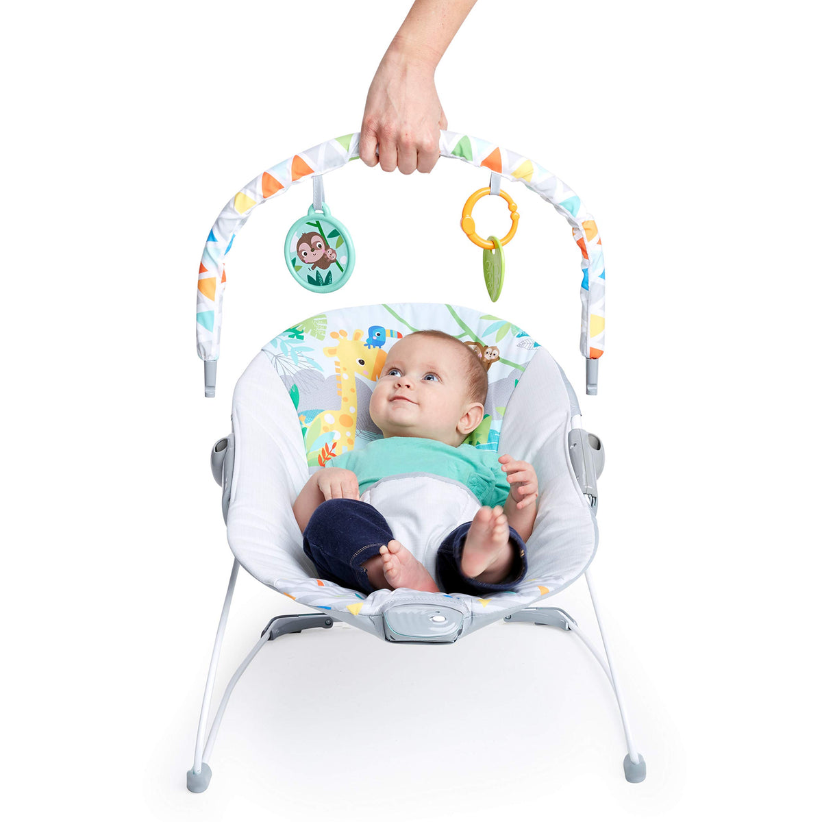 Bright Starts Baby Bouncer Soothing Vibrations Infant Seat - Removable -Toy Bar, Nonslip Feet, 0-6 Months Up to 20 lbs (Safari Fun)