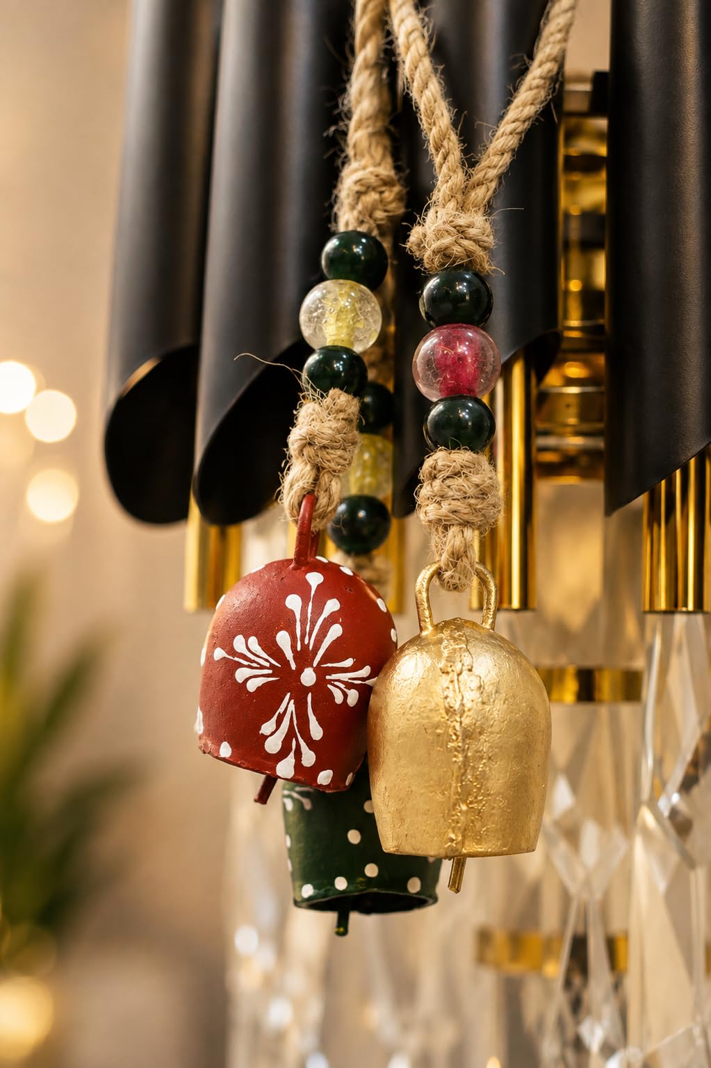 TA DIZAYN Handmade Decorative Bells, Gold Finish, Jute Rope, Rustic Style, Wall Hanging Decor, Door Knob, Wiccan Gifts for Home Wall Door (Beaded String Decorative Bells)