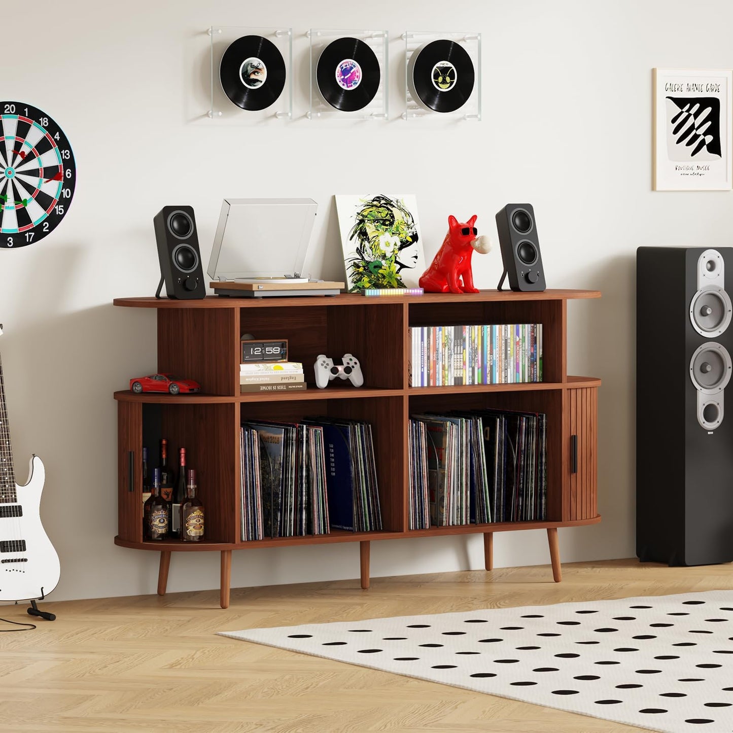 LMSXG-MZ 55.1" Large Record Player Tv Stand with Charging Station & Music-Activated Lights, Mid-Century Modern Vinyl Storage Cabinet W Curved Sliding Doors, Fluted Turntable Stand (Walnut, 55.1")
