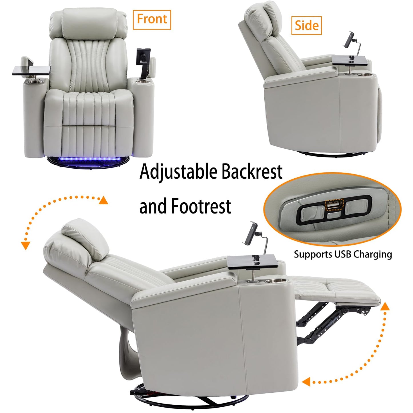COSYTREE Home Theater Seating Power Recliner Chair, 270°Swivel PU Leather Theater Recliner with LED Ambient Lights, 360°Rotating Tray Table,USB Charging,Cup Holders & Hidden Arm Storage, Light Gray
