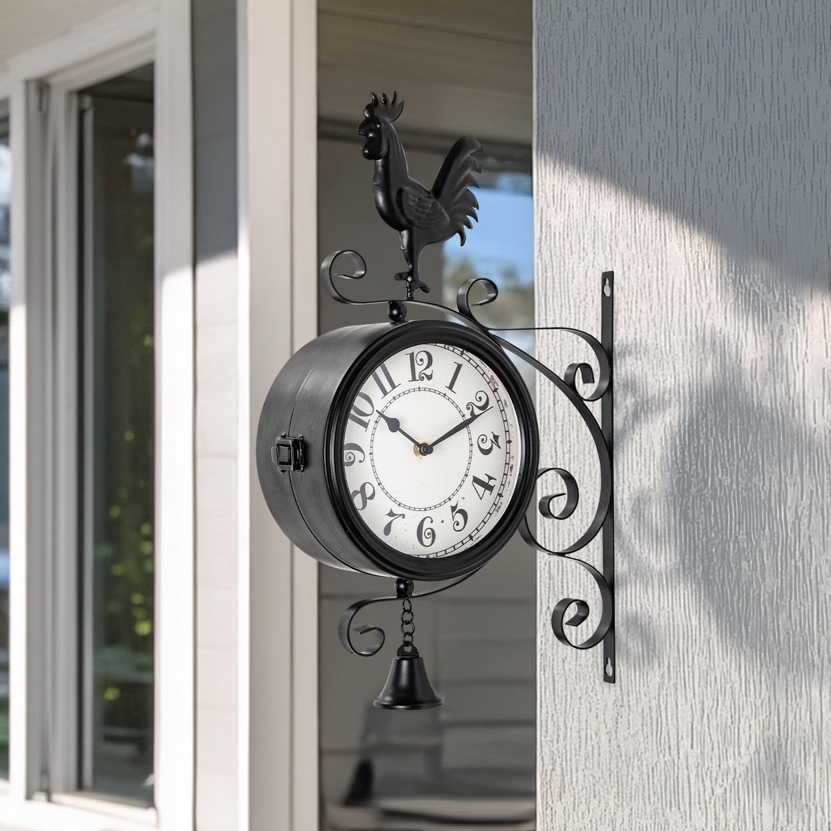 MACVAD Double-Sided Outdoor Wall Clock with Interchangeable Rooster, Bird & Bear Topper, 360° Rotating Iron Hanging Clock, Silent Non-Ticking Quartz Movement, Rustic Farmhouse Porch Garden Decor