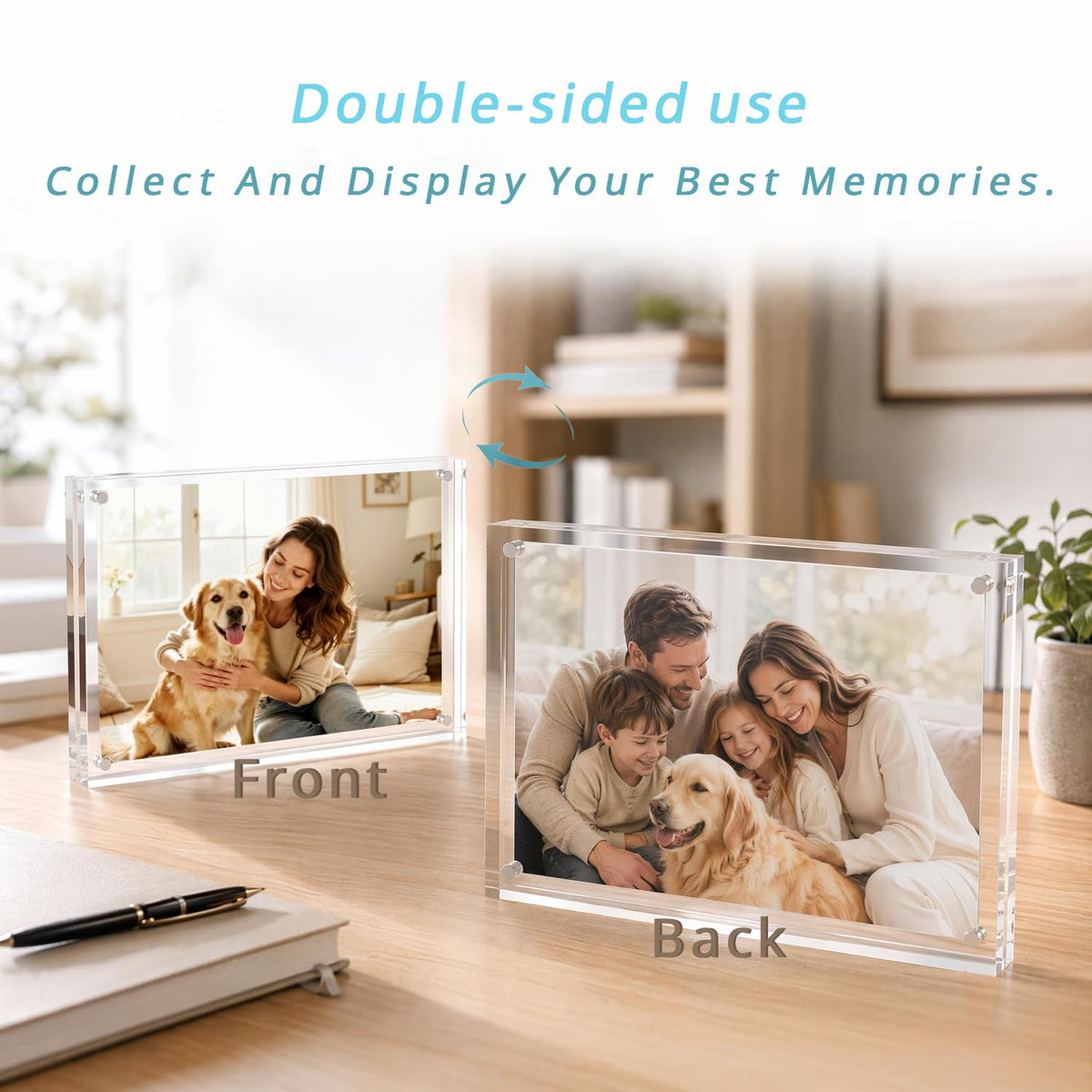 Meetu Acrylic Picture Frame 5x7,Clear Freestanding Double Sided 20mm Thickness Frameless Magnetic Photo Frames Desktop Display with Gift Box Package(5 Pack)