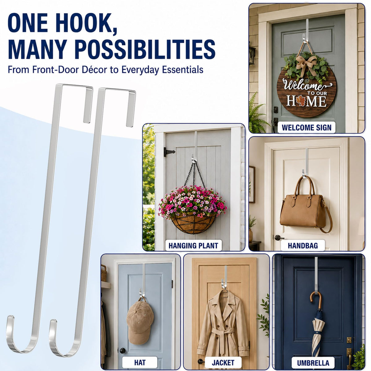 2 Pack Wreath Hangers for Front Door Christmas Decor, Over the Door Hooks