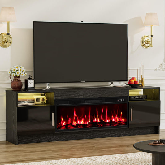 70 Inch Fireplace TV Stand for Living Room with 36" Electric Fireplace, Entertainment Center with Fireplace for TVs Up to 80", Media TV Console with 20 Color LED Storage Cabinets, Black/ Glossy Doors