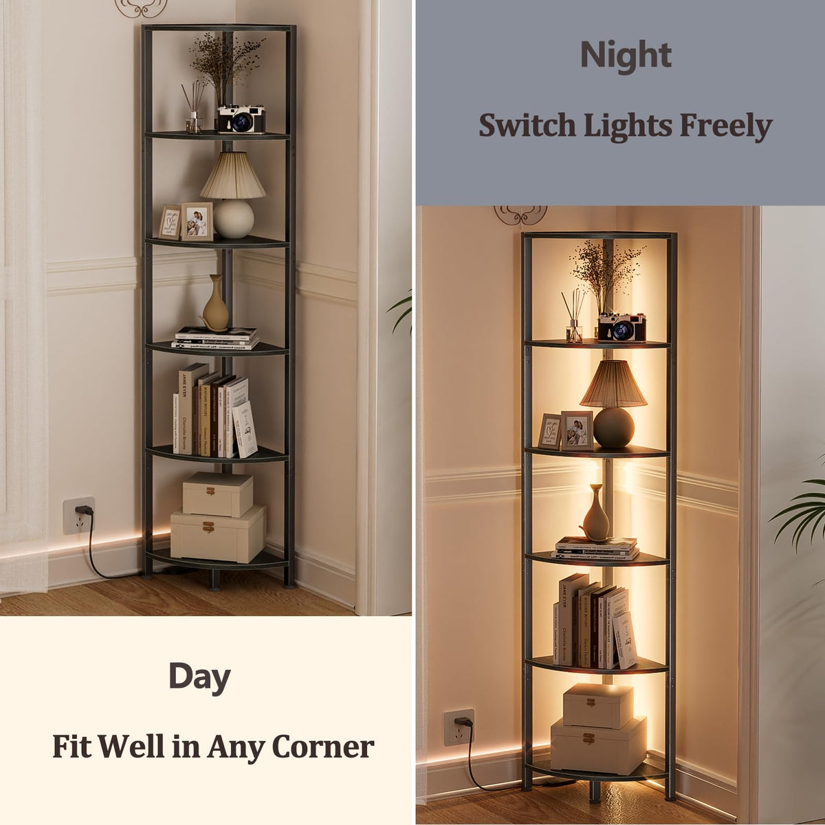 Furnulem 6 Tier Corner Shelf with LED Light, 67.5" Black Narrow Bookshelf