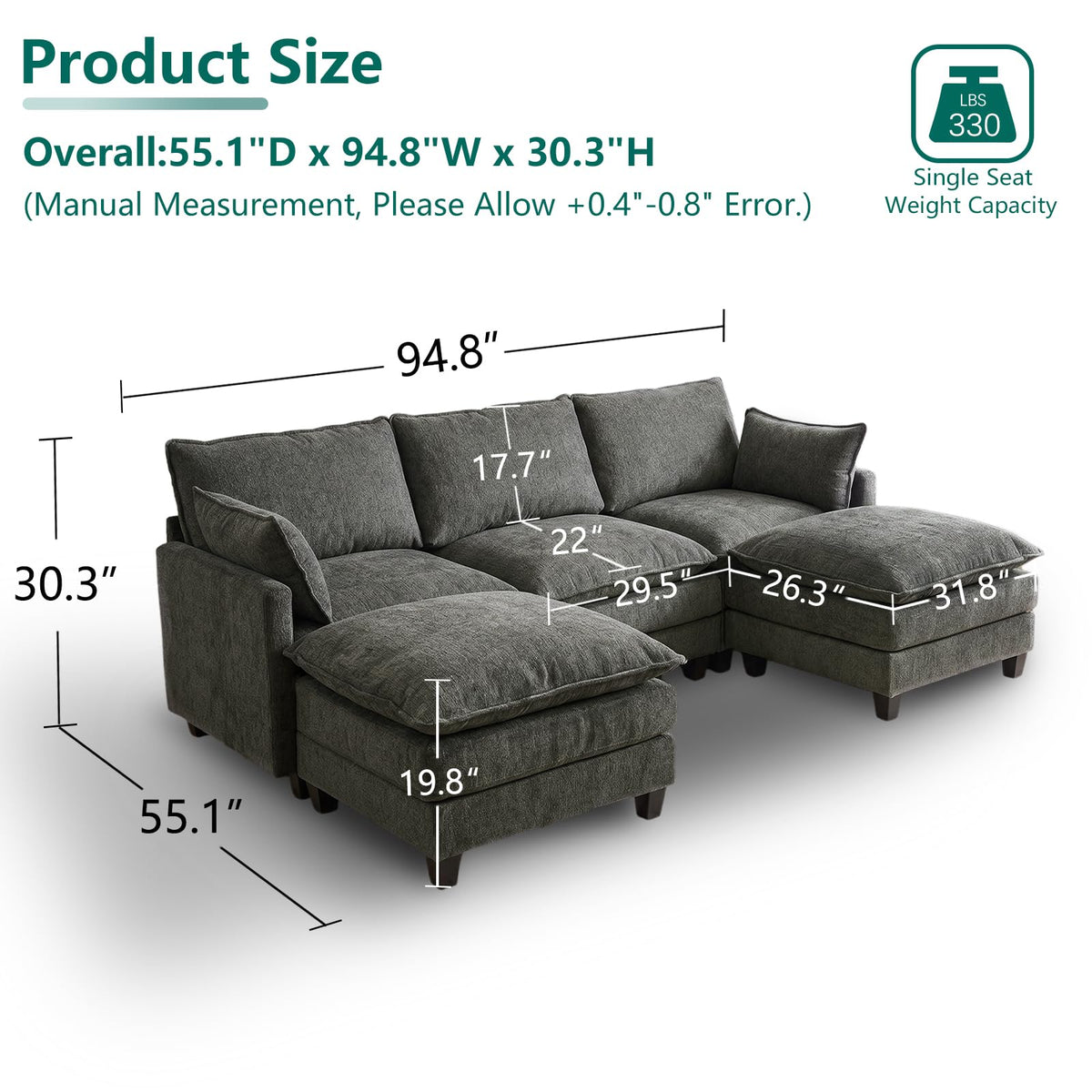 U Shaped Modular Sectional Sofa, Cloud Couch for Living Room