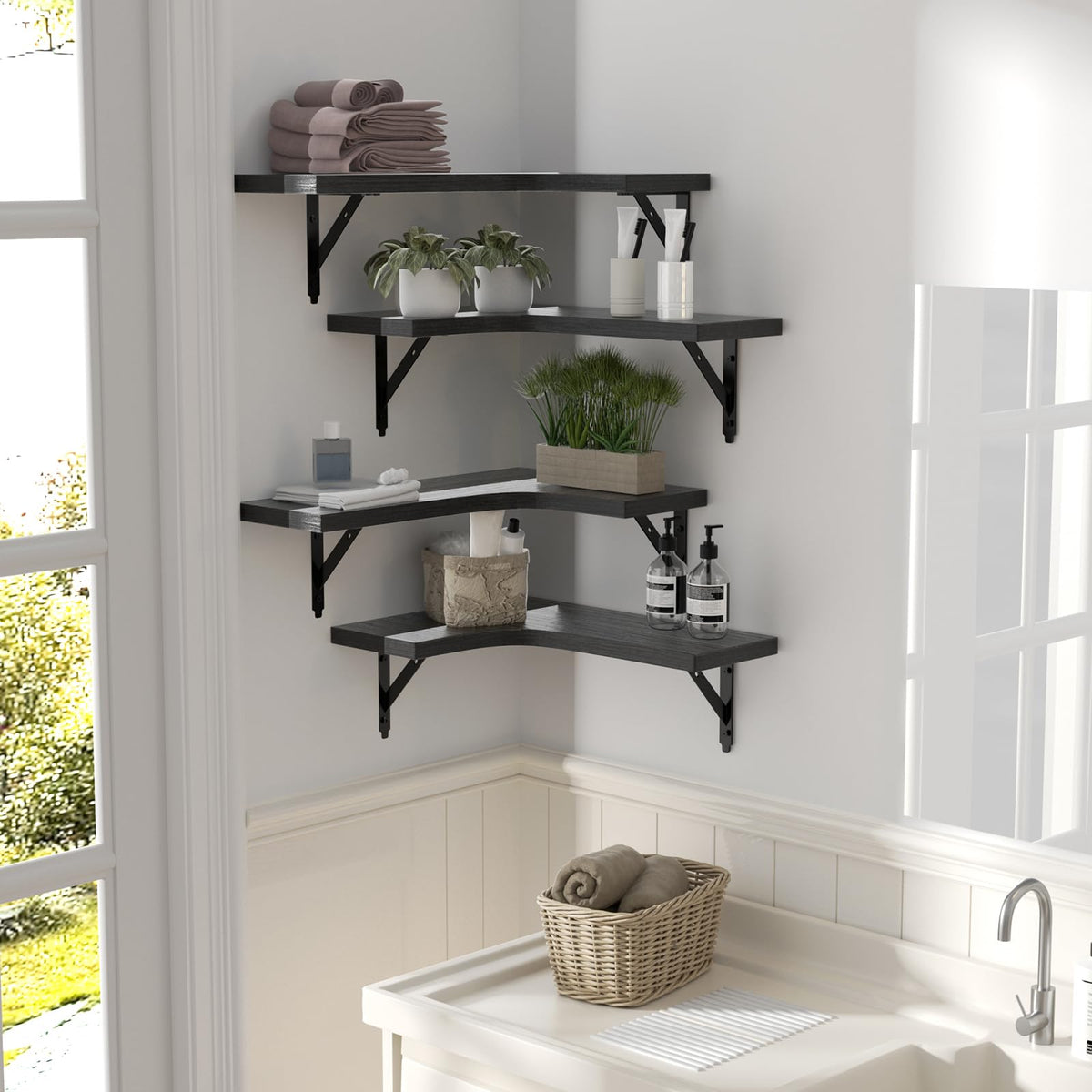 ROMGUAR CRAFT Corner Floating Shelves Wall Mounted Set of 4, Black