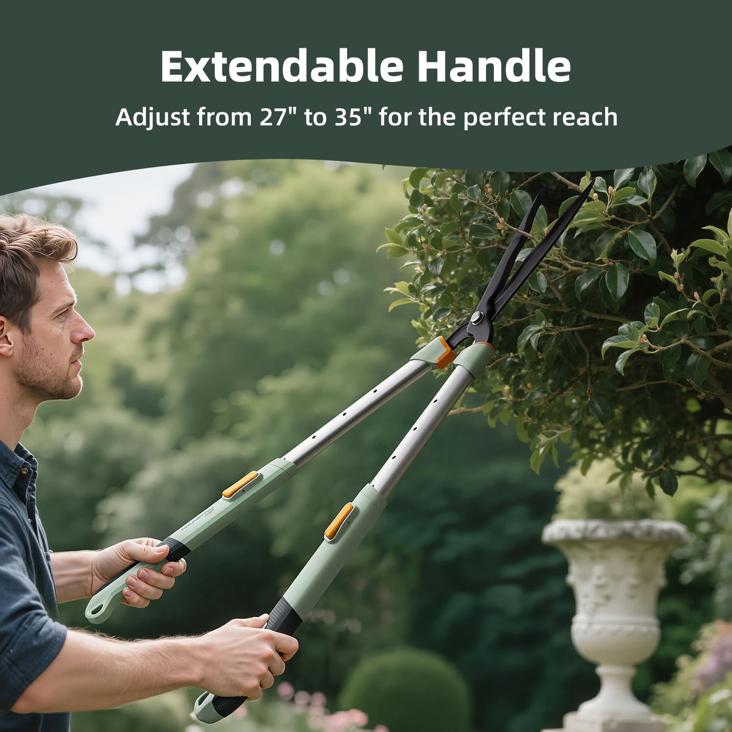 PrunePro® Extendable Hedge Shears (27"-35") Wavy Stainless Steel Blades | Teflon Coated for Smooth Cuts | Lightweight Adjustable Garden Clippers for High Hedges & Bushes