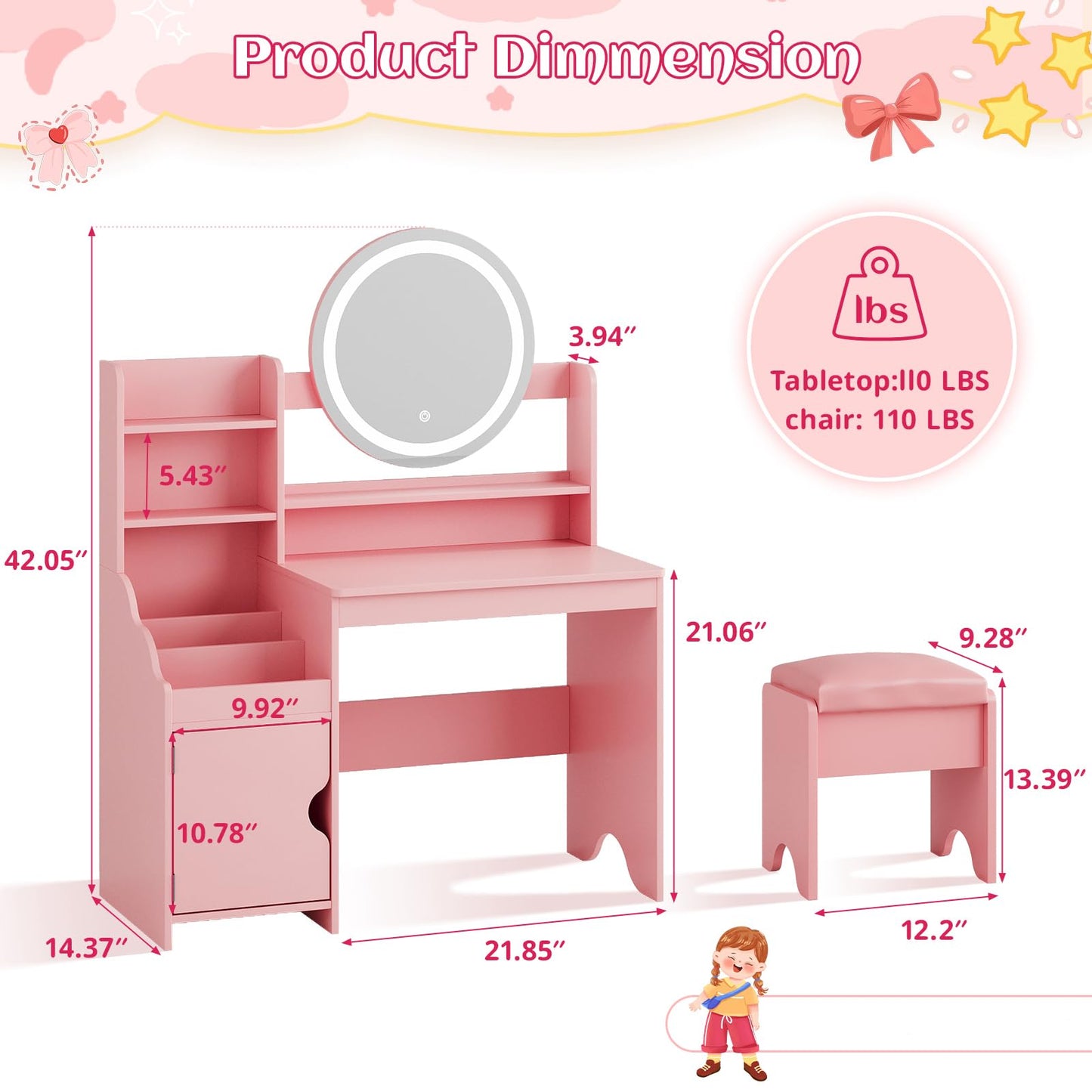 Vabches Kids Vanity with Lights, Princess Makeup Vanity Desk with Open Bookshelf, Storage Cabinet & Shelves, Toddler Vanity Table and Chair Set, Pretend Play Vanity Set for Little Girls, Pink