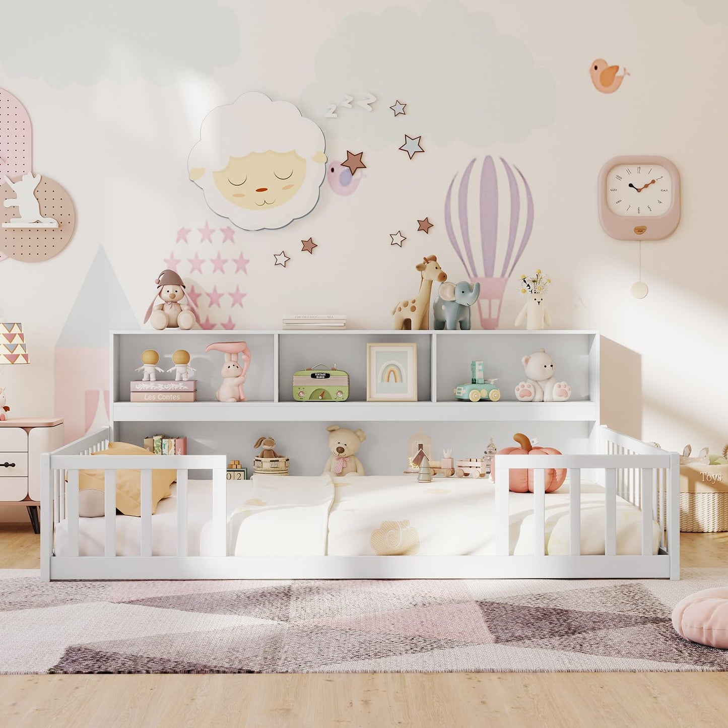 Giantex Full Size Floor Bed for Kids, Wooden Montessori Bed Frame with Bookcase, Storage Shelves & Safety Fence Rails, Floor Beds Full for Girls, Boys, No Box Spring Needed, Without Slats, White