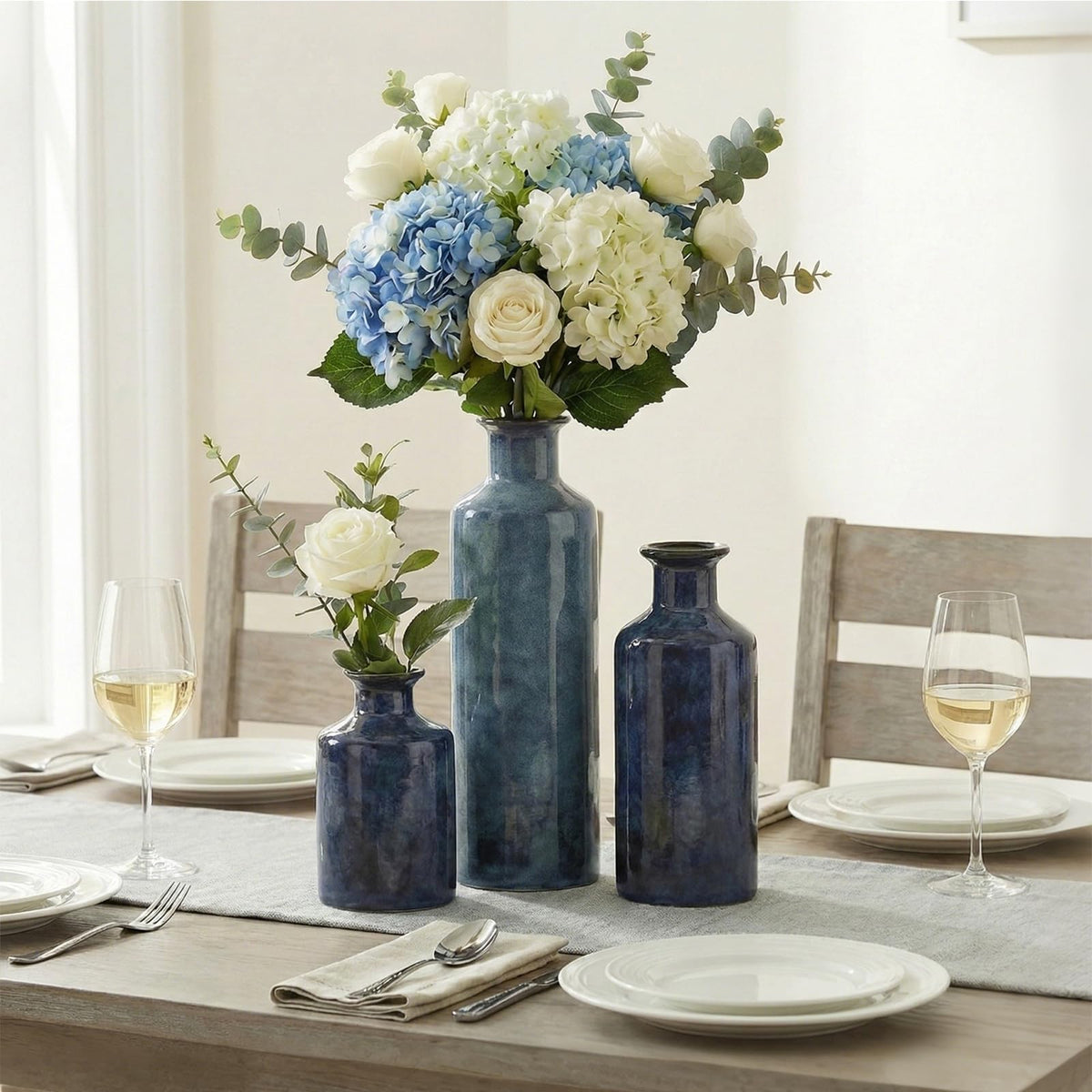 Blue Ceramic Vase Set - 3 Blue Small Vases