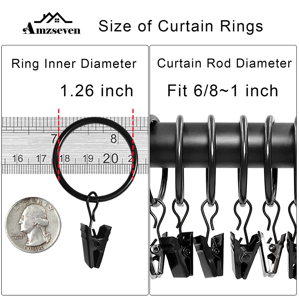 AMZSEVEN 40 Pack Metal Curtain Rings with Clips, 1.26 in ID, Black