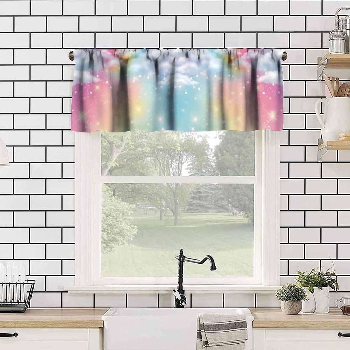TFOSO Rainbow Valance Curtains,Kids Girls Cute Colorful Clouds Pastel Starry Sky Stars Aesthetic Short Drape for Living Room Cafe Restaurant Window Treatment 1 Panel 54" W x 18" L Inch